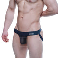 Navy blue miuw brand jockstrap with mesh panel and solid fabric waistband from MetroMaleWear Power Mesh series