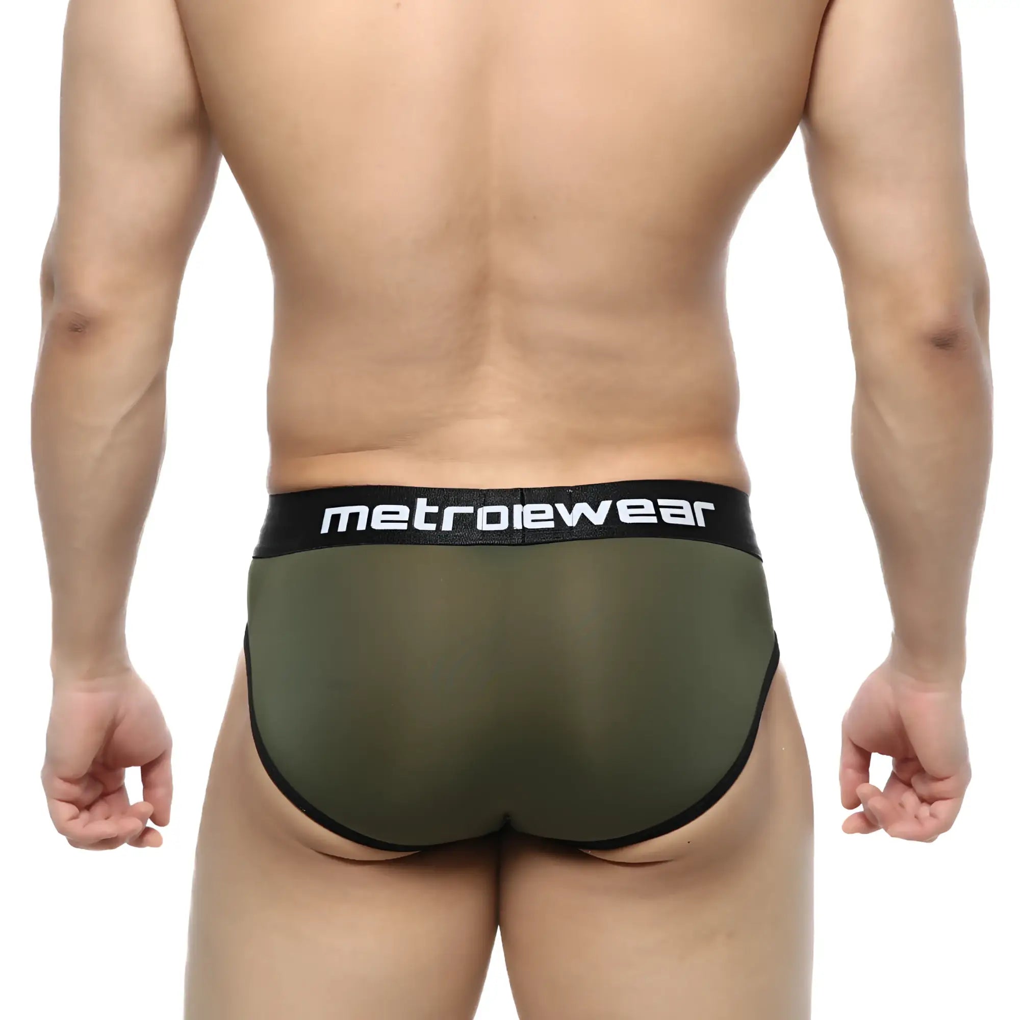 Olive green mesh briefs with black metrowear branded elastic waistband from MetroMaleWear Prado Brief 5133-26