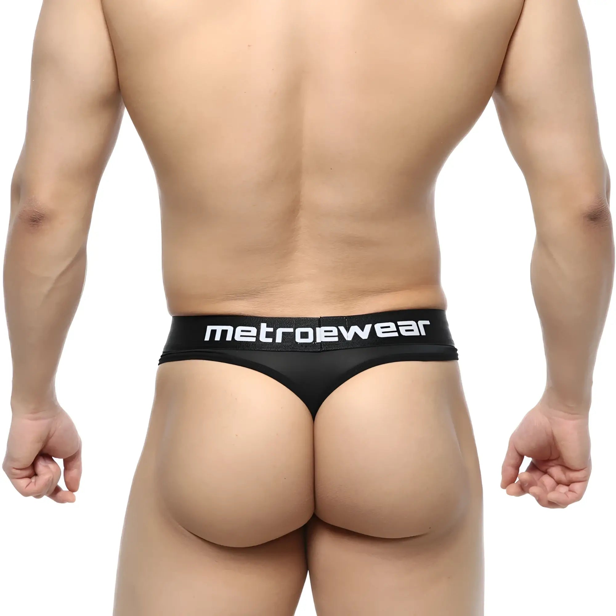 Black metrowear prado thong with sleek minimalist design and white branded waistband front view