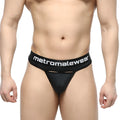 Black metromalewear prado thong 5122-20 with sleek form-fitting design and white branded waistband shown from back side