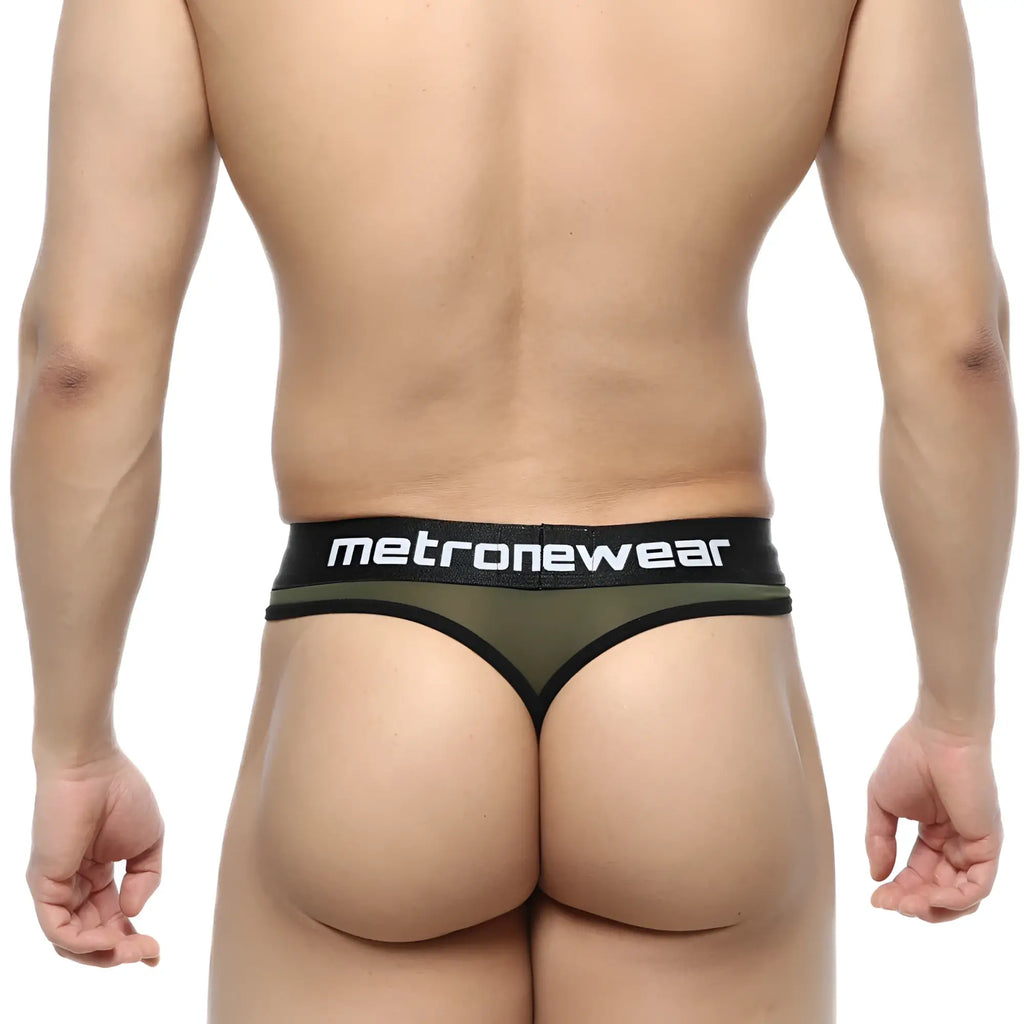 Olive green mesh thong with black trim and waistband featuring metromalewear logo in white lettering metroMalewear Prado Thong Green 5122-26