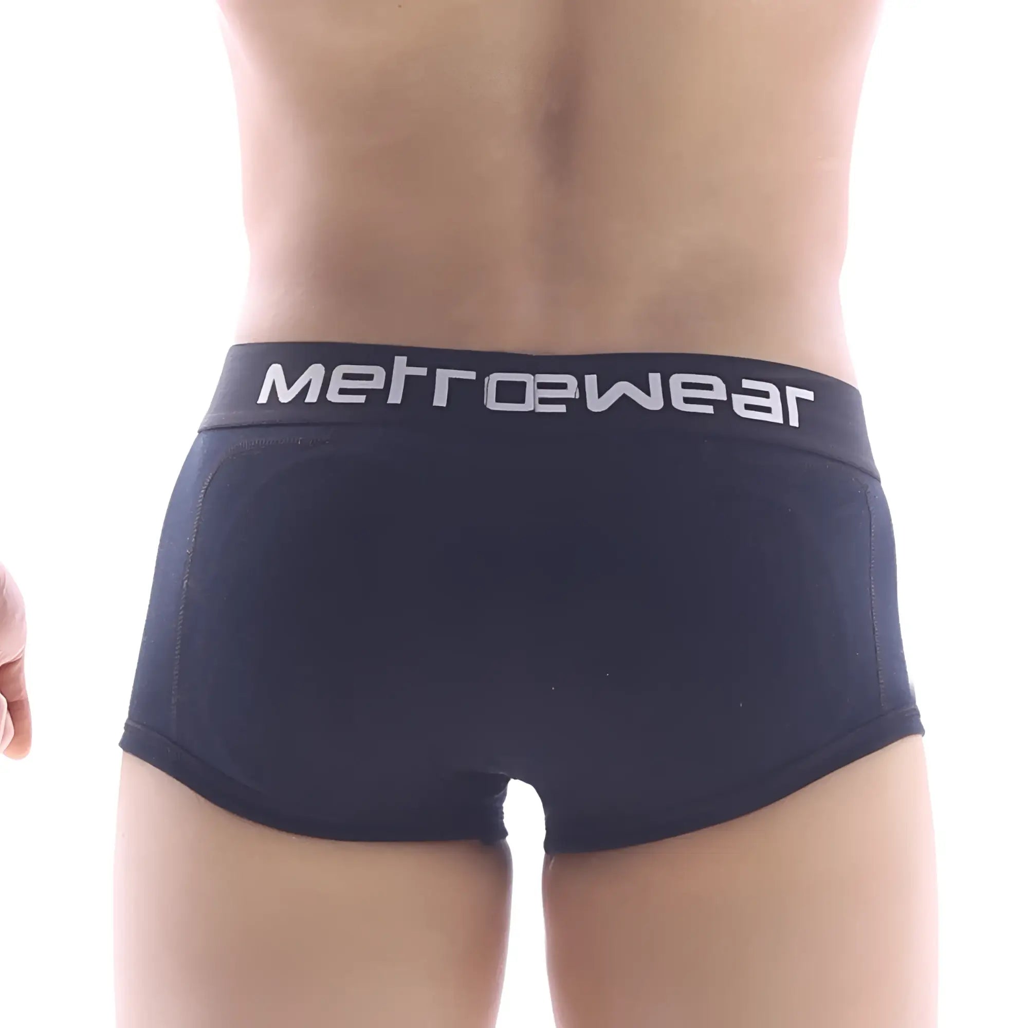 Black metrowear premium padded boxer briefs with white logo waistband in the front view