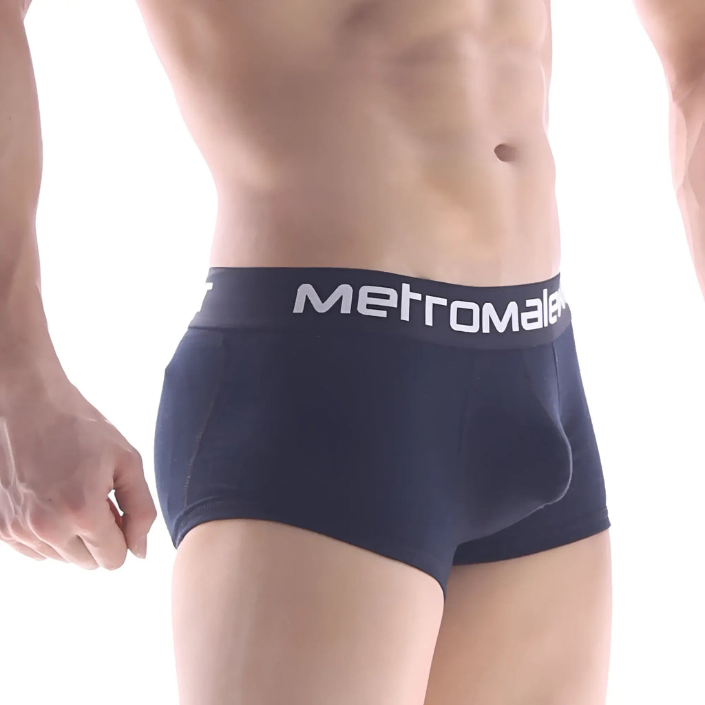 Navy blue metromalewear premium padded boxer briefs with white logo band in soft breathable fabric