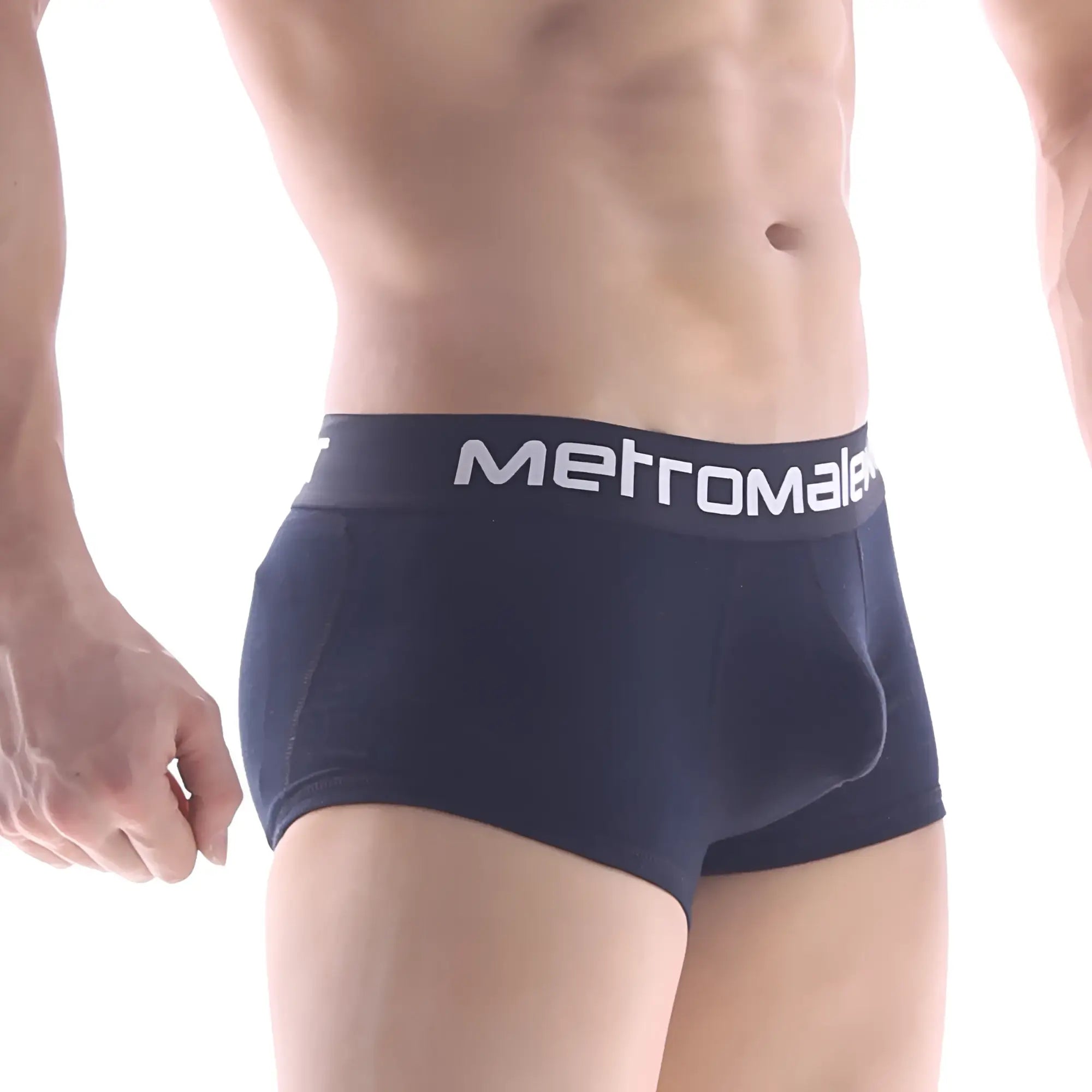Navy blue metromalewear premium padded boxer briefs with white logo band in soft breathable fabric