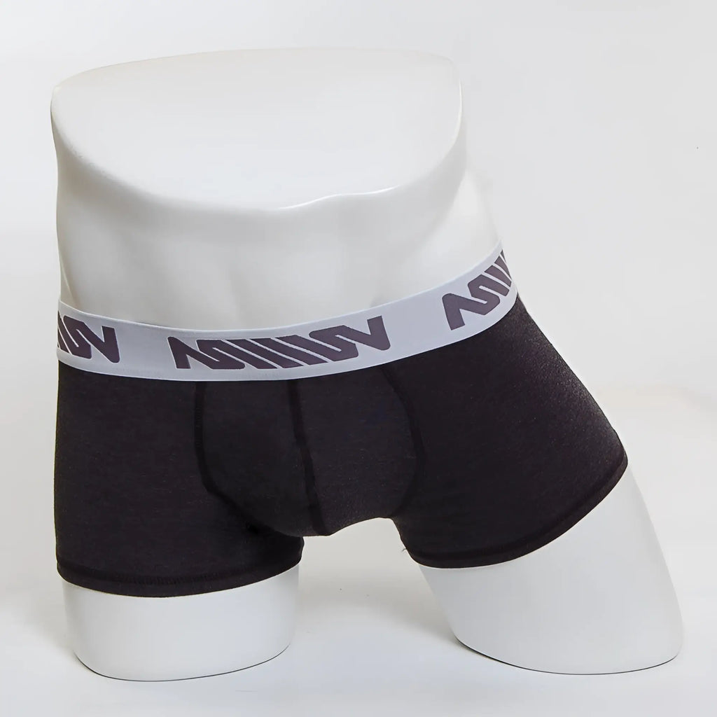 Black men’s boxer briefs with gray waistband and million logo metroMalewear premium padded boxer heather 3032-11