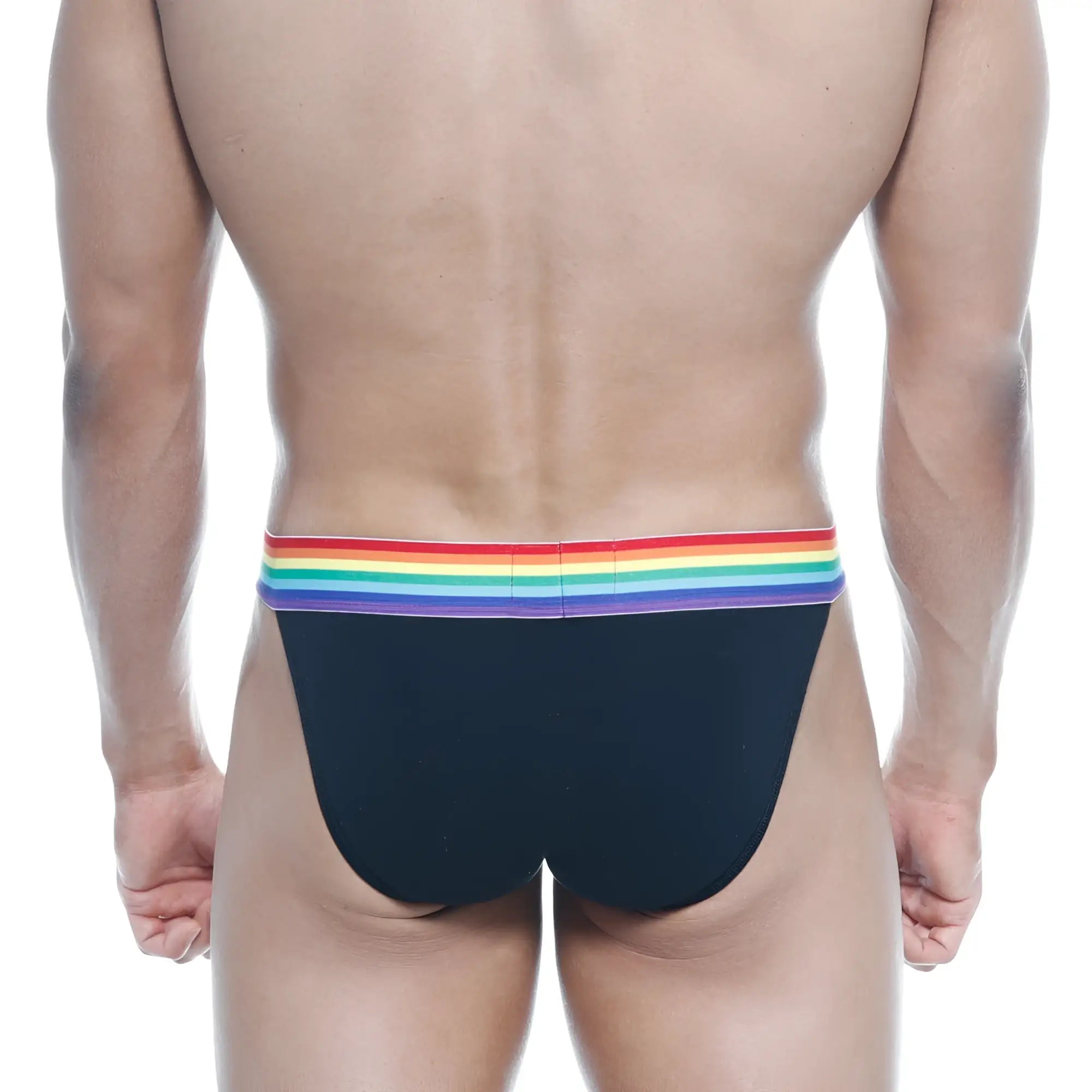 Black briefs with a rainbow-striped elastic waistband from metromalewear pride bikini collection model 3004-r20