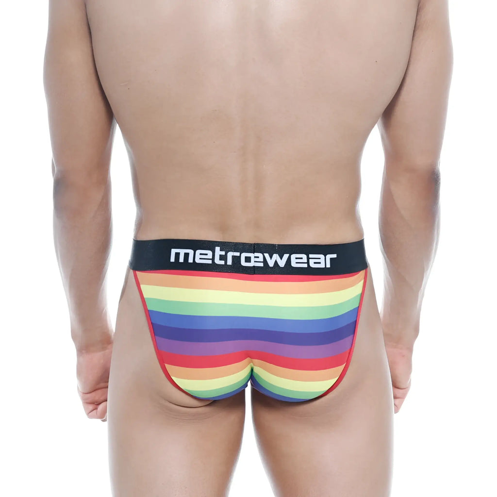 Metro male wear pride bikini rainbow 3004-16 rainbow striped men’s briefs with black waistband and metrowear branding