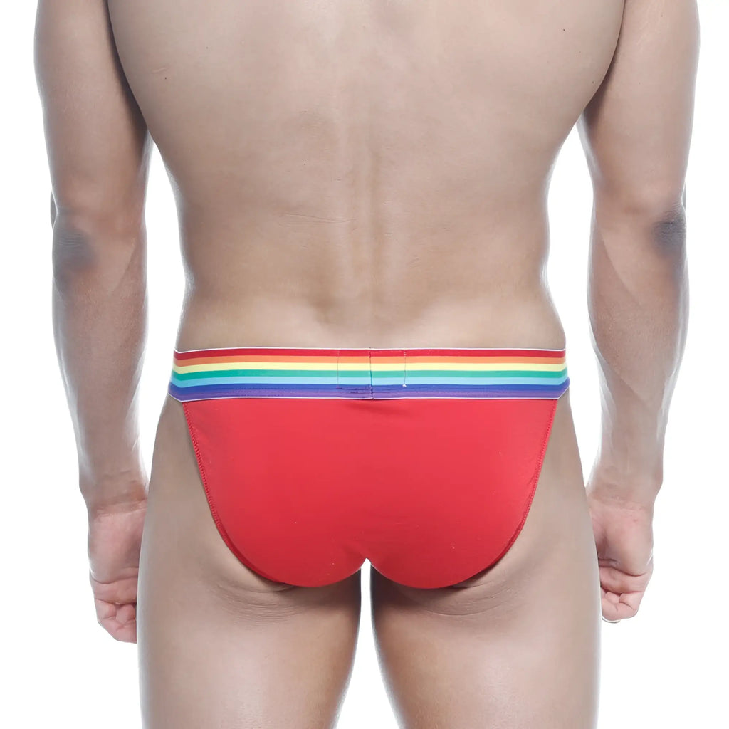 Red metro malewear pride bikini briefs with rainbow-striped waistband for comfortable stylish wear