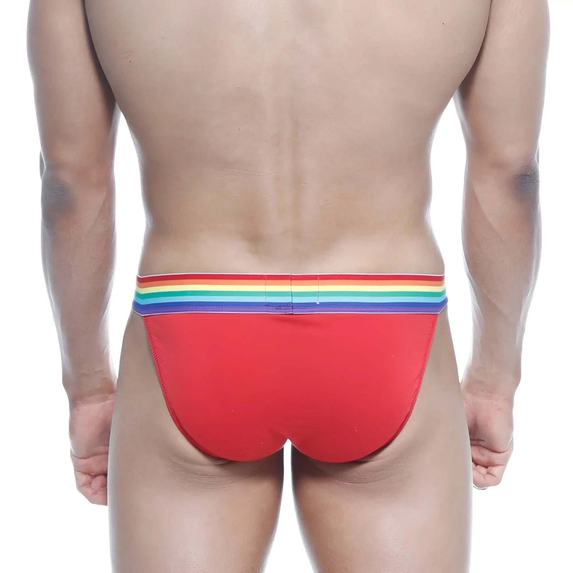 Red metro malewear pride bikini briefs with rainbow-striped waistband for comfortable stylish wear