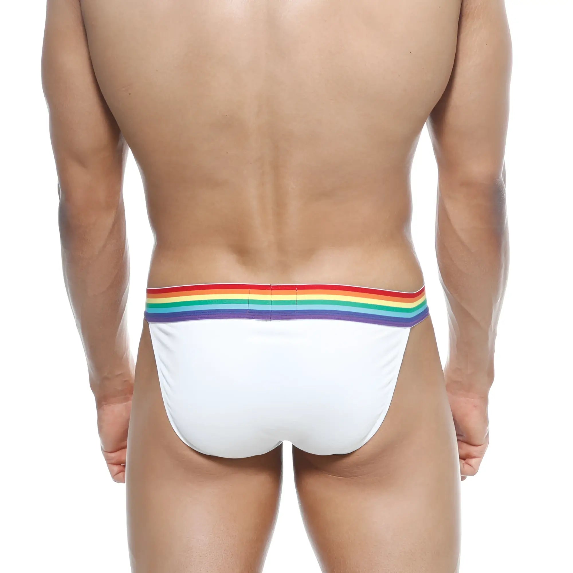 White metro malewear pride bikini briefs with rainbow elastic waistband soft breathable fabric
