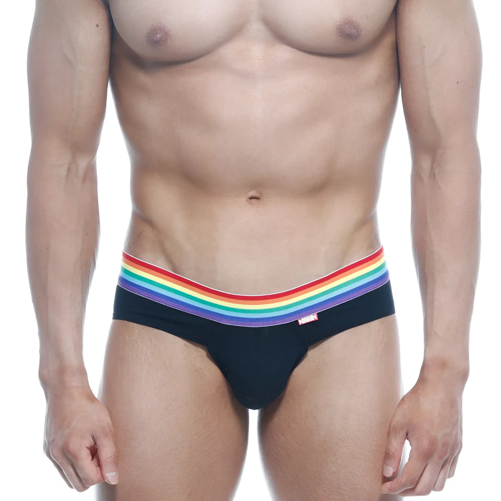 Black briefs with vibrant rainbow-striped waistband by metromalewear pride brief black 5006-r20 for pridewear