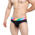 Black men’s briefs with vibrant rainbow-striped waistband featuring mew logo MetroMaleWear Pride Brief black 5203-58