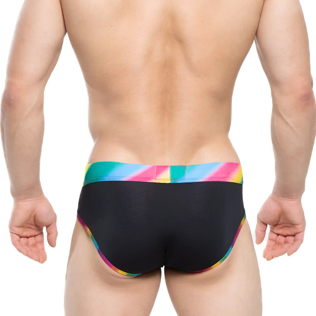 Metro male wear pride brief black swim trunks with vibrant rainbow-striped waistband and trim for swimming use