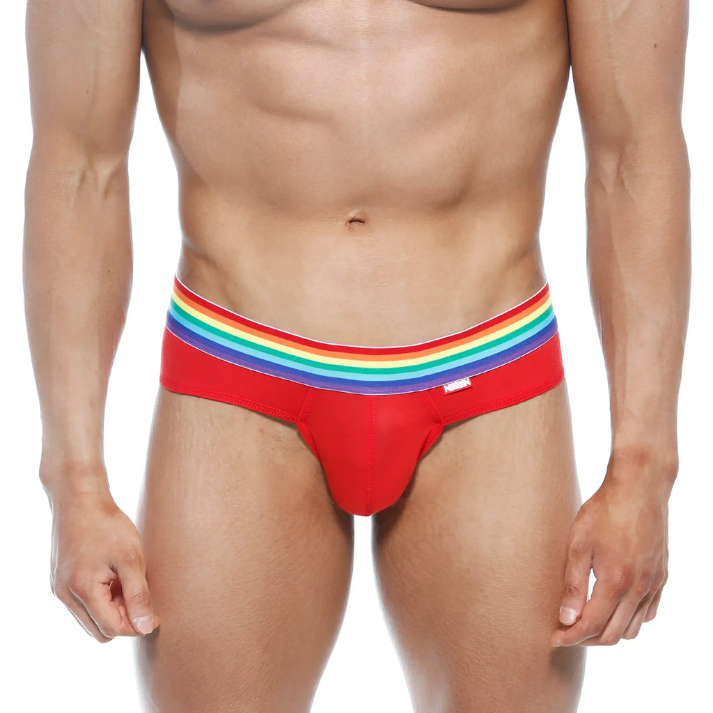 Metro male wear pride brief red 5006-r12 in red with a rainbow-striped waistband designed for comfortable daily wear