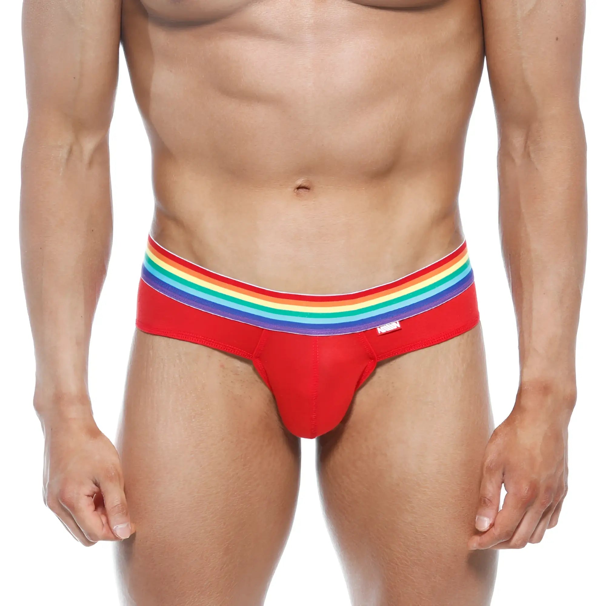 Metro male wear pride brief red 5006-r12 in red with a rainbow-striped waistband designed for comfortable daily wear