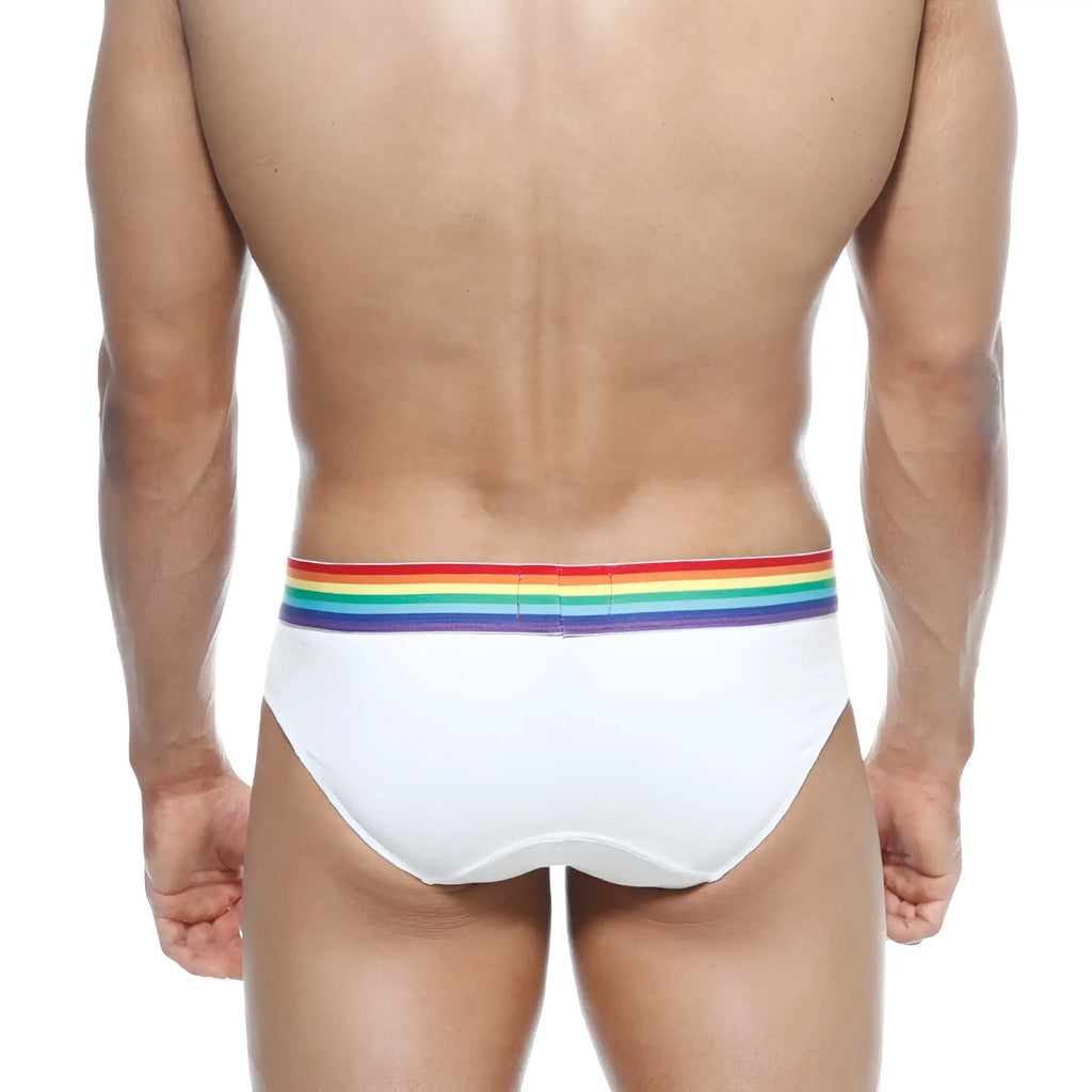 White briefs metroMalewear pride brief 5006-r00 with vibrant rainbow stripe waistband for comfortable everyday wear