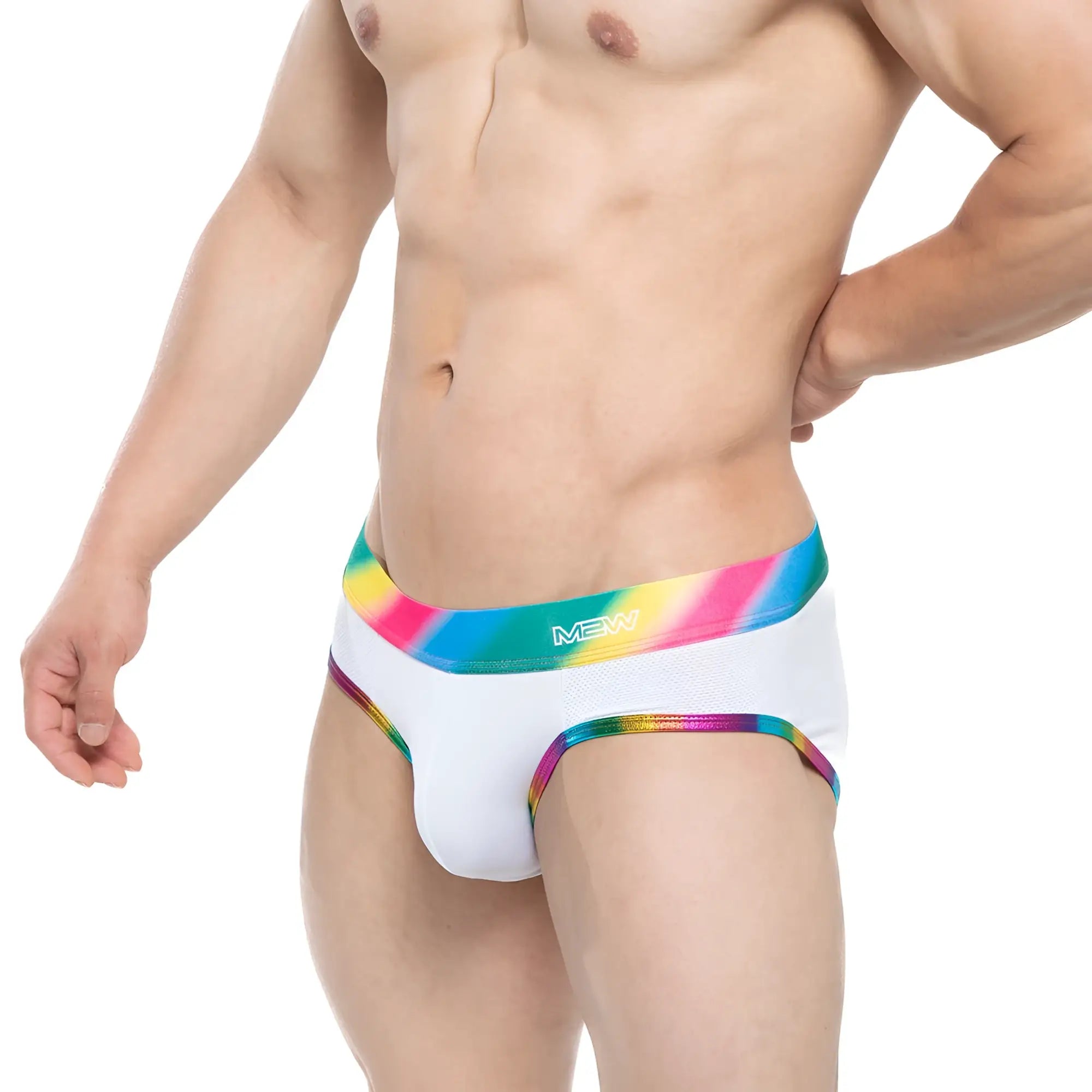 White mens briefs MetroMaleWear pride brief white 5203-57 with rainbow-striped elastic waistband and mew logo