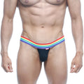 Black thong with rainbow-striped waistband from MetroMaleWear pride collection, model 3002-R20