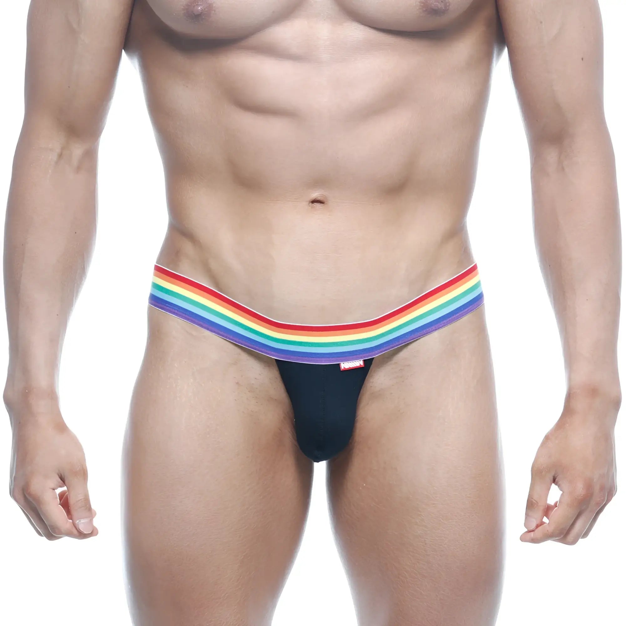 Black thong with rainbow-striped waistband from MetroMaleWear pride collection, model 3002-R20