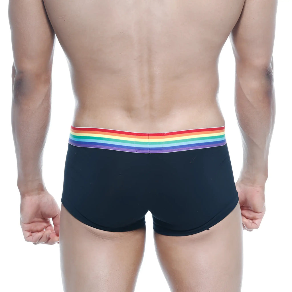 Black briefs with a vibrant rainbow-striped waistband metro male wear pride trunk black 2026-r20 front view