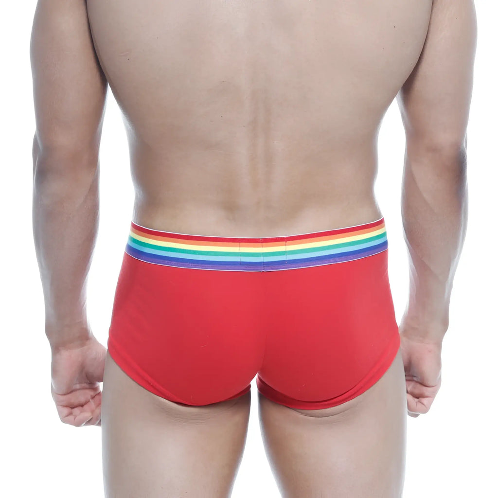 Red men’s briefs metro malewear pride trunk 2026-r12 with rainbow-striped elastic waistband