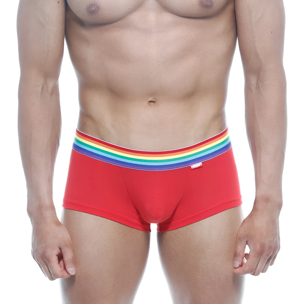 Red briefs with a rainbow-striped elastic waistband from metromalewear pride trunk 2026-r12 collection