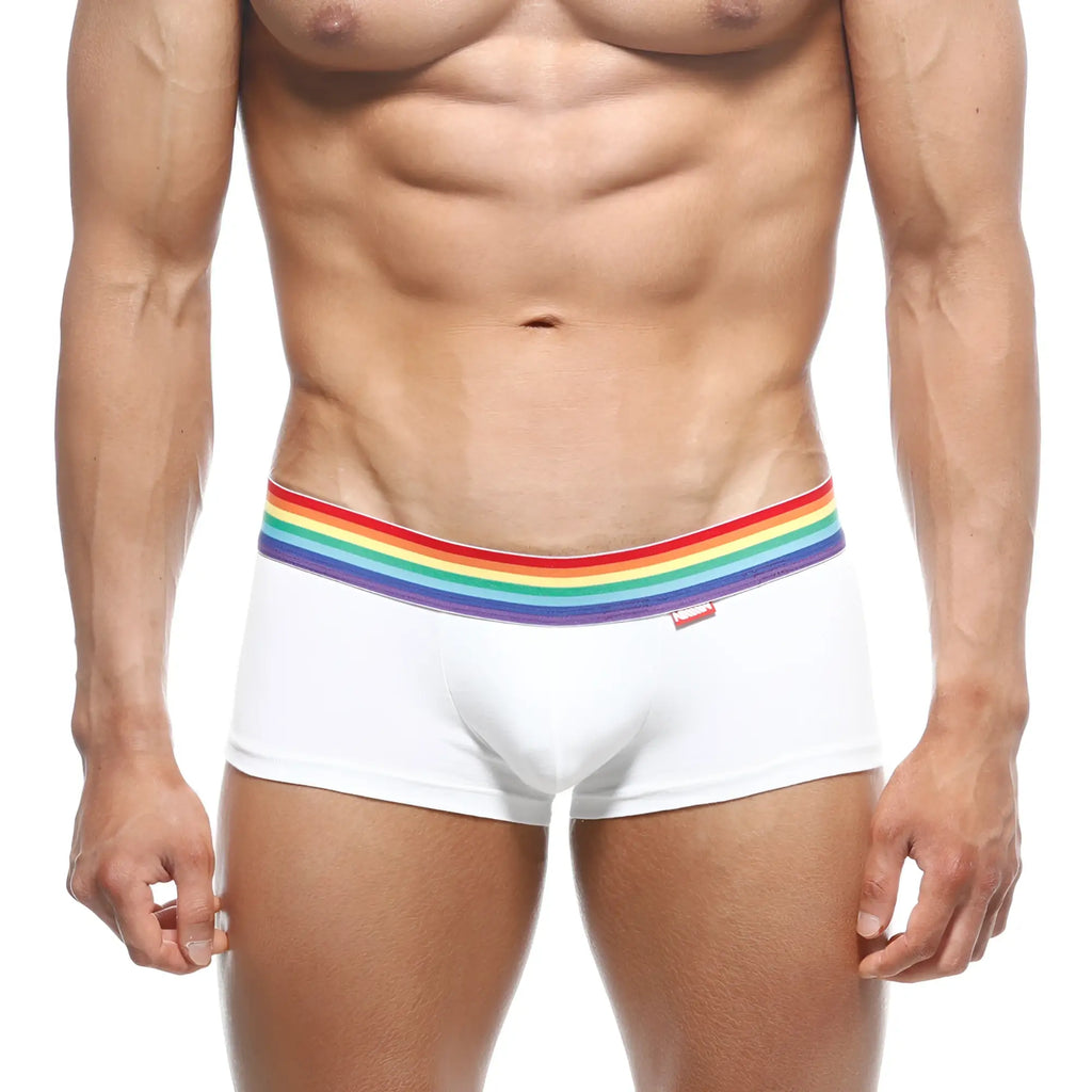 White briefs metro malewear pride trunk 2026 r00 with rainbow-striped elastic waistband for comfortable wear