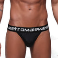 Black metromalewear Prieto thong briefs with a white logo band designed for comfortable daily wear