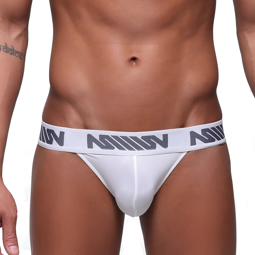 White MetroMaleWear Prieto thong briefs with gray m logo band designed for comfort and style