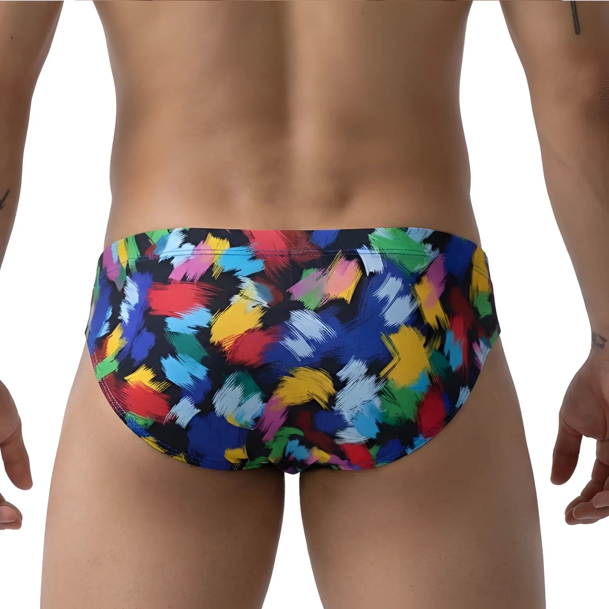 MetroMaleWear Primavera bikini 5103-m84 vibrant abstract brushstroke swim trunks in bold red blue yellow and green on black