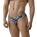 Vibrant multicolored abstract paint-splatter metro malewear primavera bikini briefs with black waistband and w logo