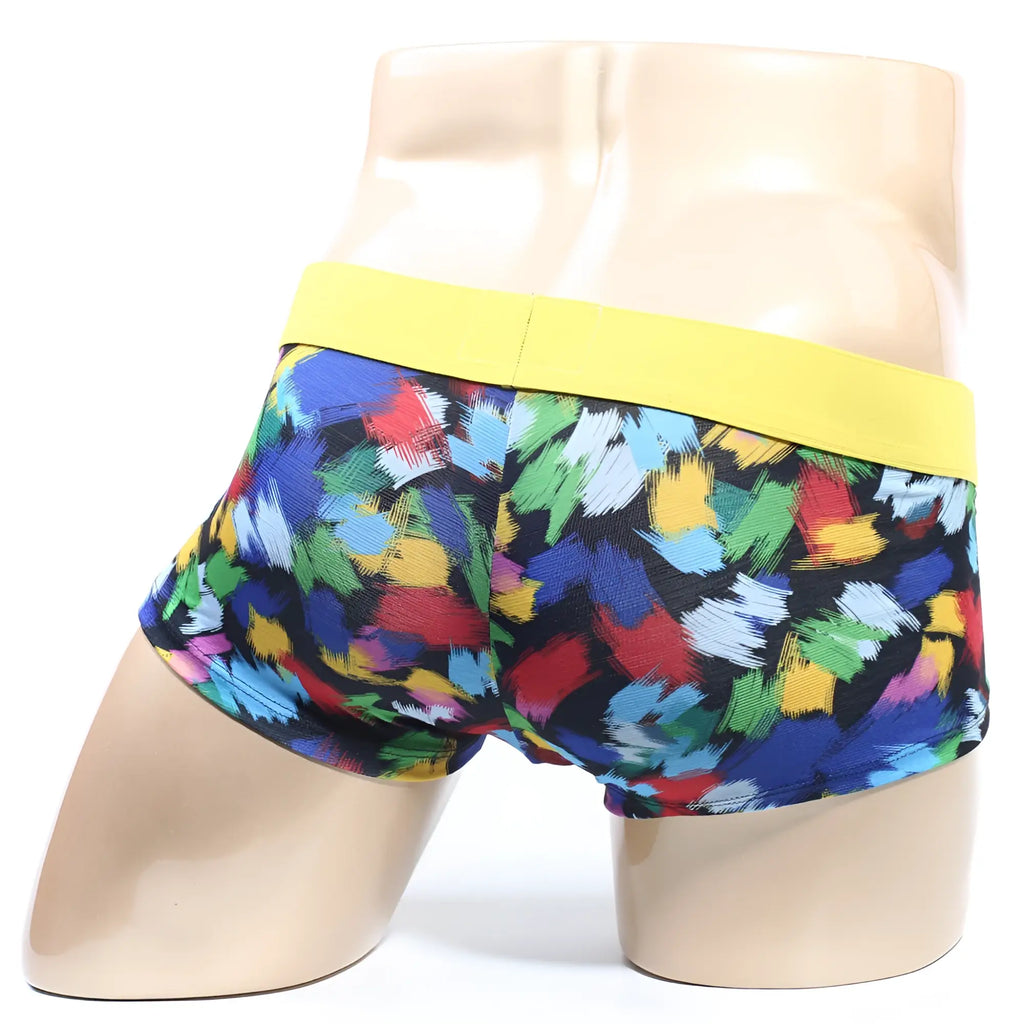 MetroMaleWear Primavera short boxer 2026-58 colorful abstract brushstroke pattern men’s boxer briefs with bright yellow waistband