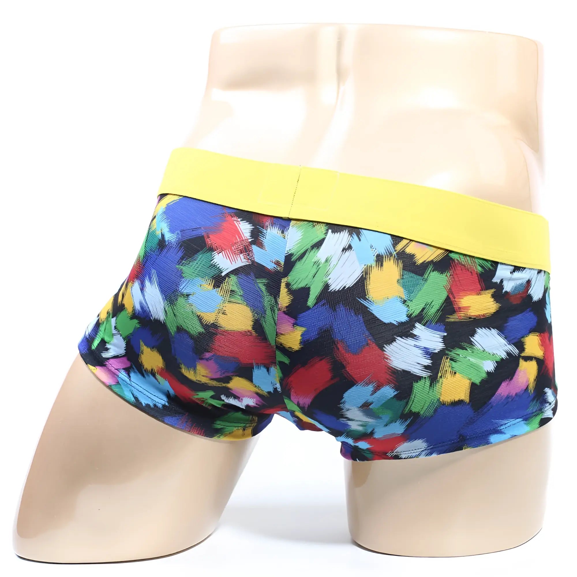 MetroMaleWear Primavera short boxer 2026-58 colorful abstract brushstroke pattern men’s boxer briefs with bright yellow waistband