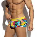 MetroMaleWear Primavera short boxer 2026-58 vibrant multicolored paint-splatter briefs with bold yellow mniw waistband