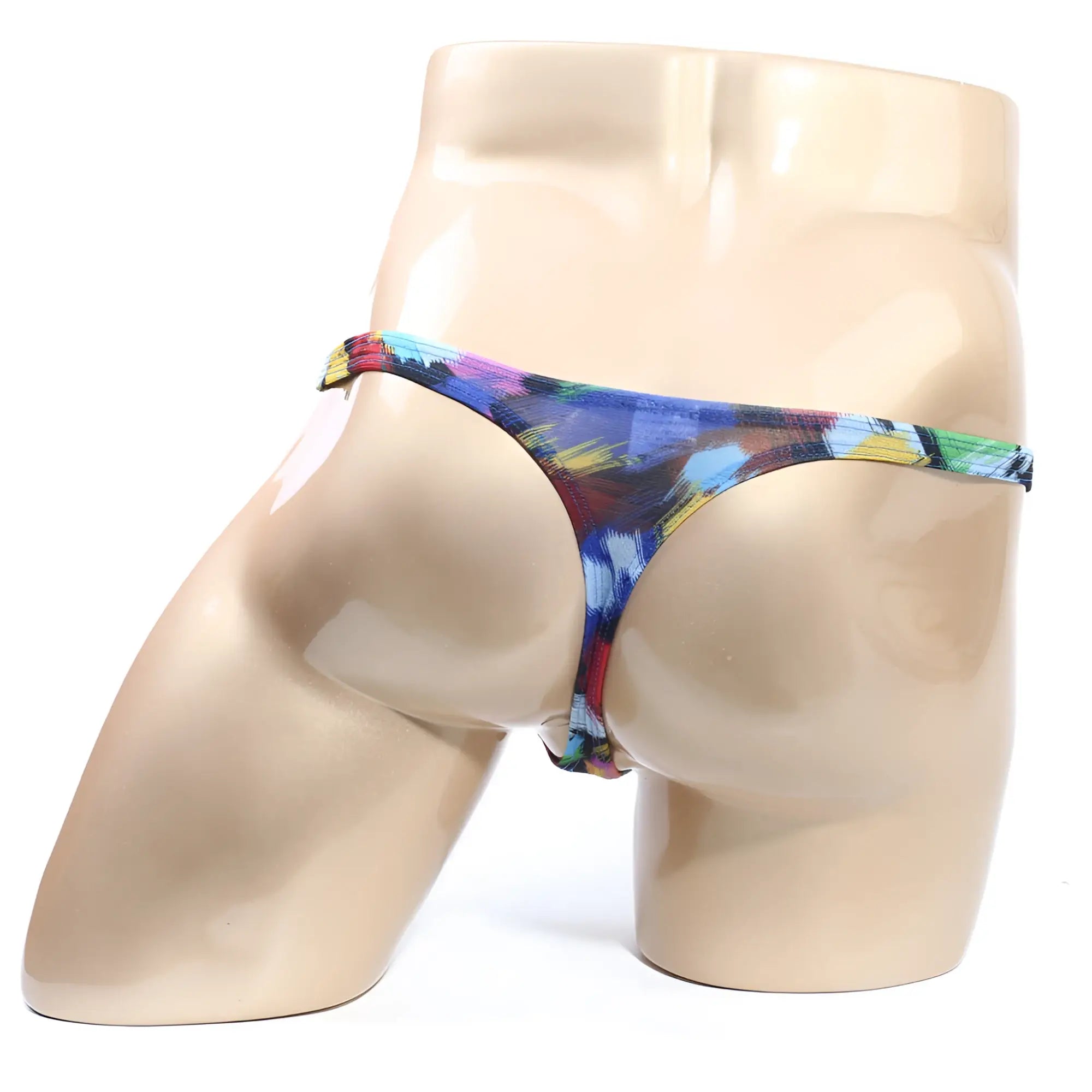 MetroMaleWear Primavera thong 2302-75 vibrant tie-dye with bold blue purple yellow and green abstract pattern