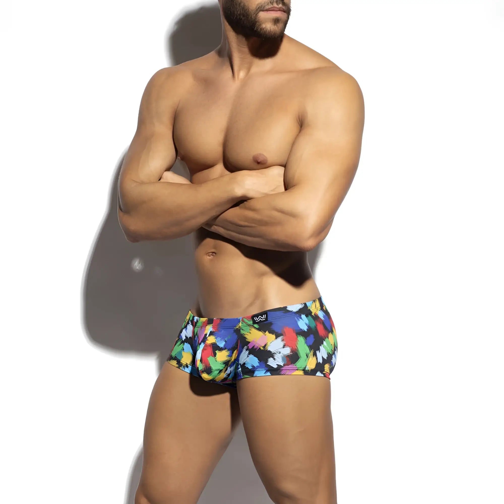 MetroMaleWear primavera trunk 2125-58 swim trunks with colorful abstract paint-splatter pattern on dark base