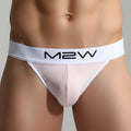 White m2w brand thong with ribbed texture and solid white waistband shown with metro male wear primo pink jockstrap