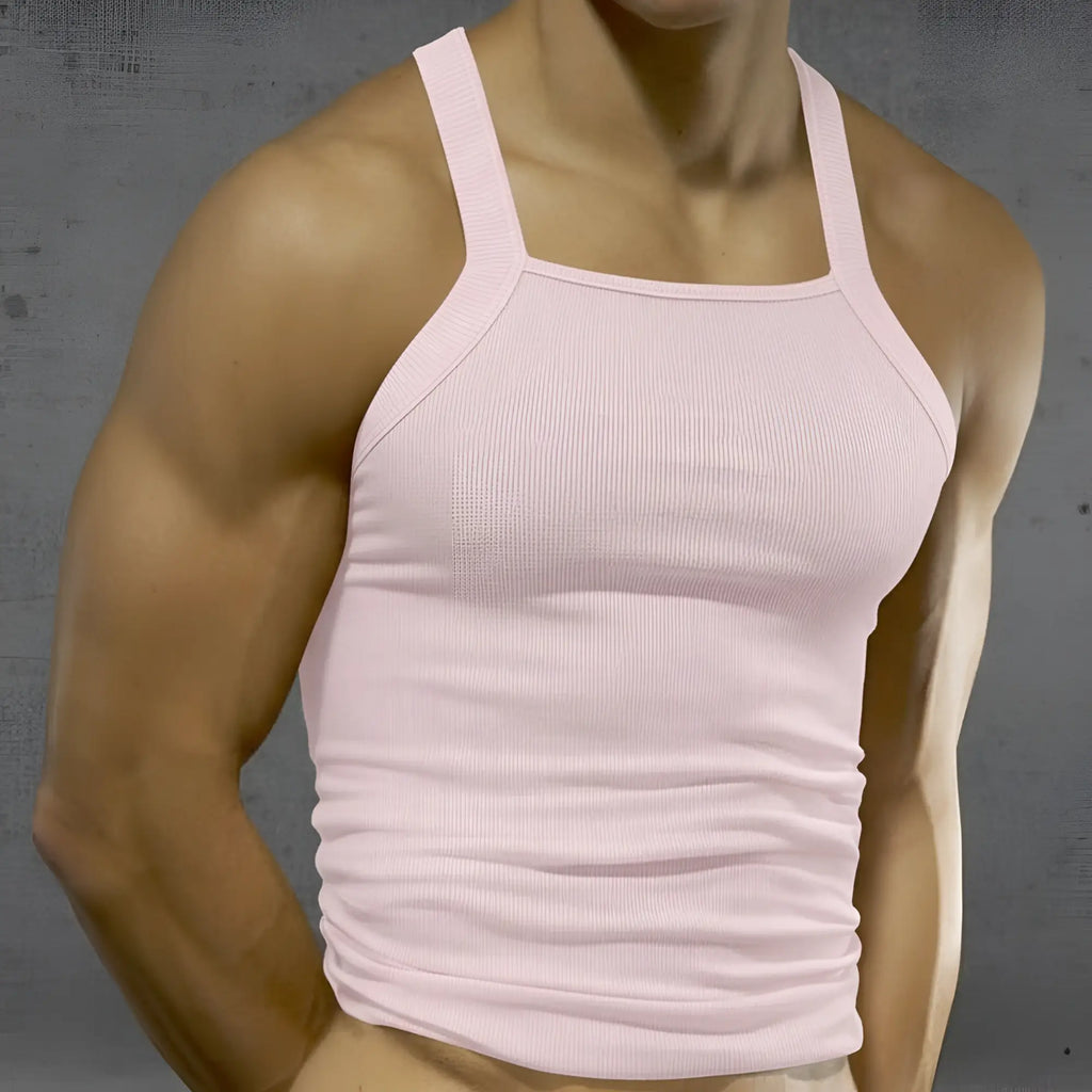 MetroMaleWear Primo pink ribbed tank top with a square neckline and thin straps for casual wear