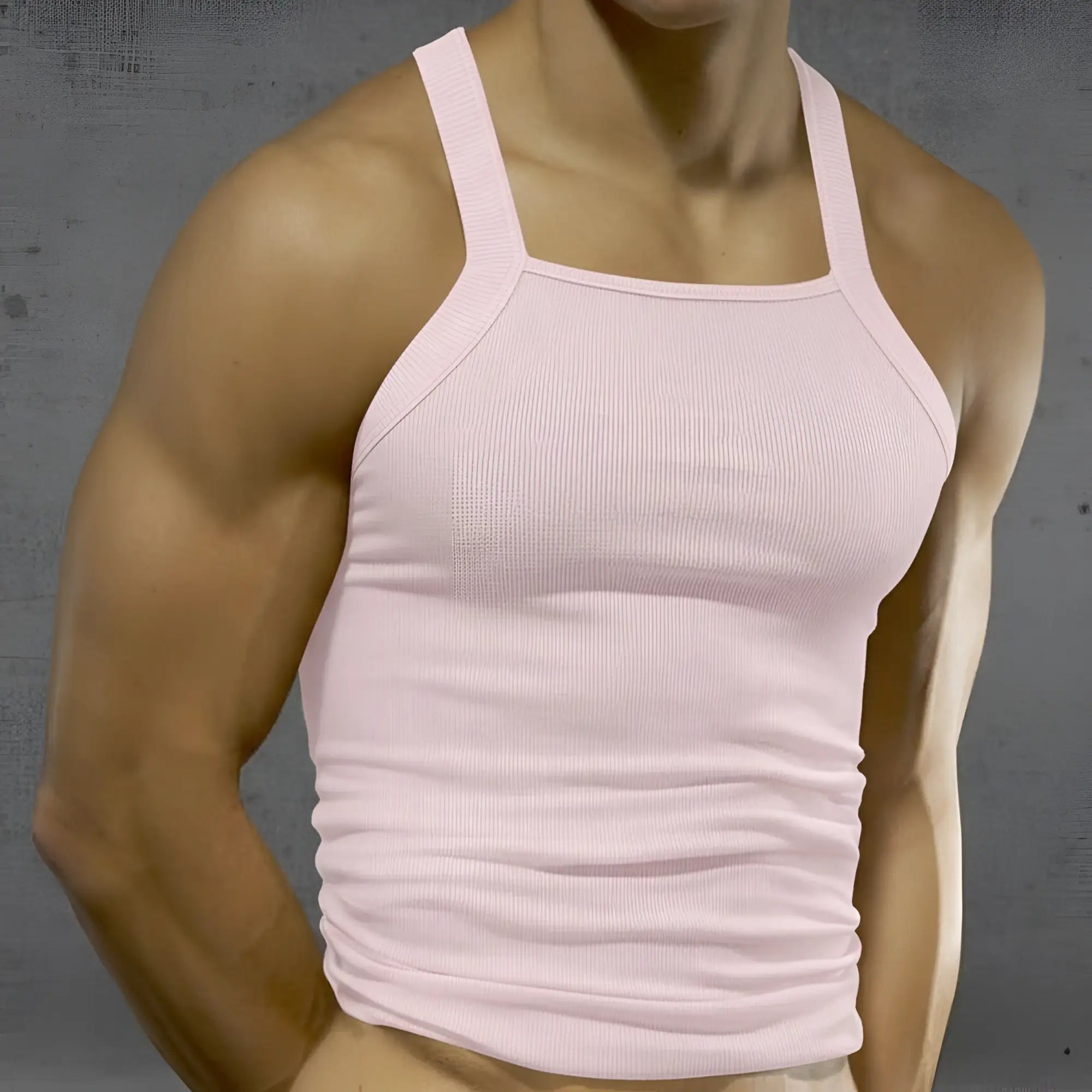 MetroMaleWear Primo pink ribbed tank top with a square neckline and thin straps for casual wear