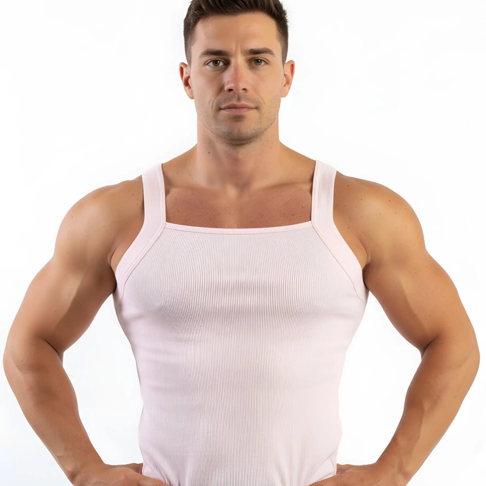 MetroMaleWear Primo pink tank top 3125-02 white ribbed fabric thin straps square neckline casual wear