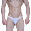 White mesh thong with triangular design and thin supportive straps from metromalewear prodigy bikini 6504-00