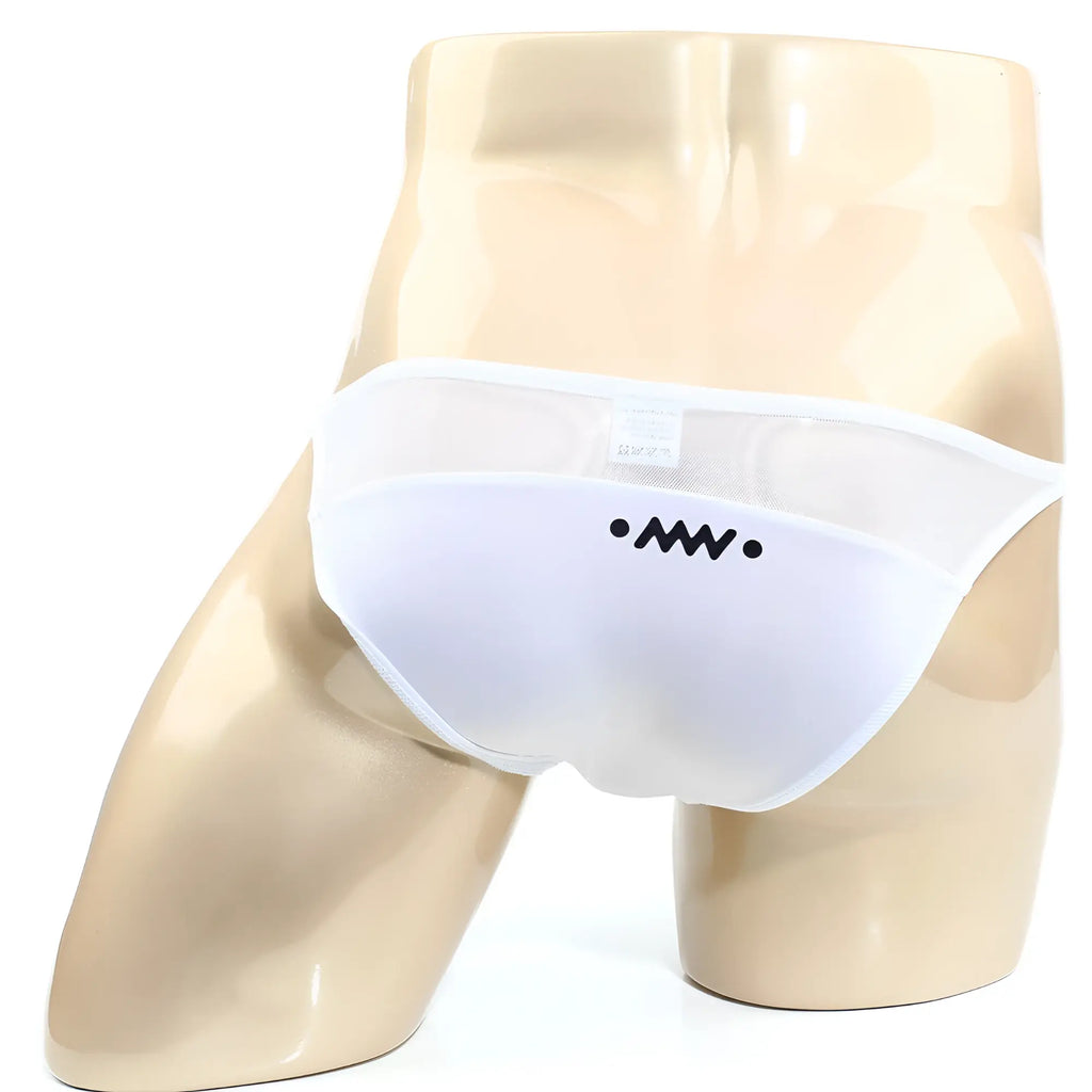White mesh briefs metro male wear prodigy bikini 6504-73 with black embroidered logo on front