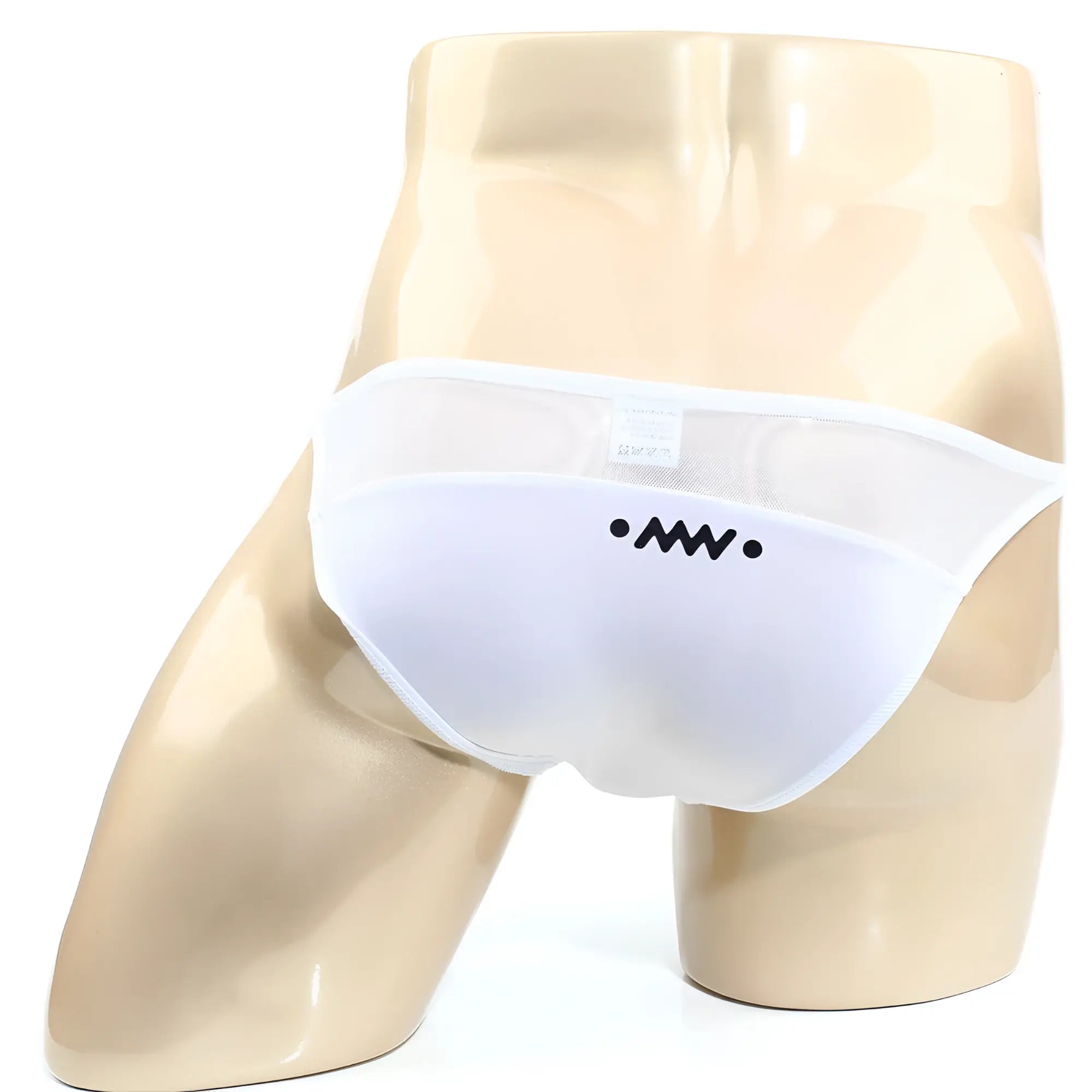 White mesh briefs metro male wear prodigy bikini 6504-73 with black embroidered logo on front