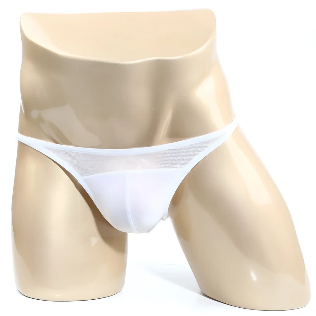 White mesh thong bikini by metromalewear prodigy displayed on mannequin showcasing the front side design