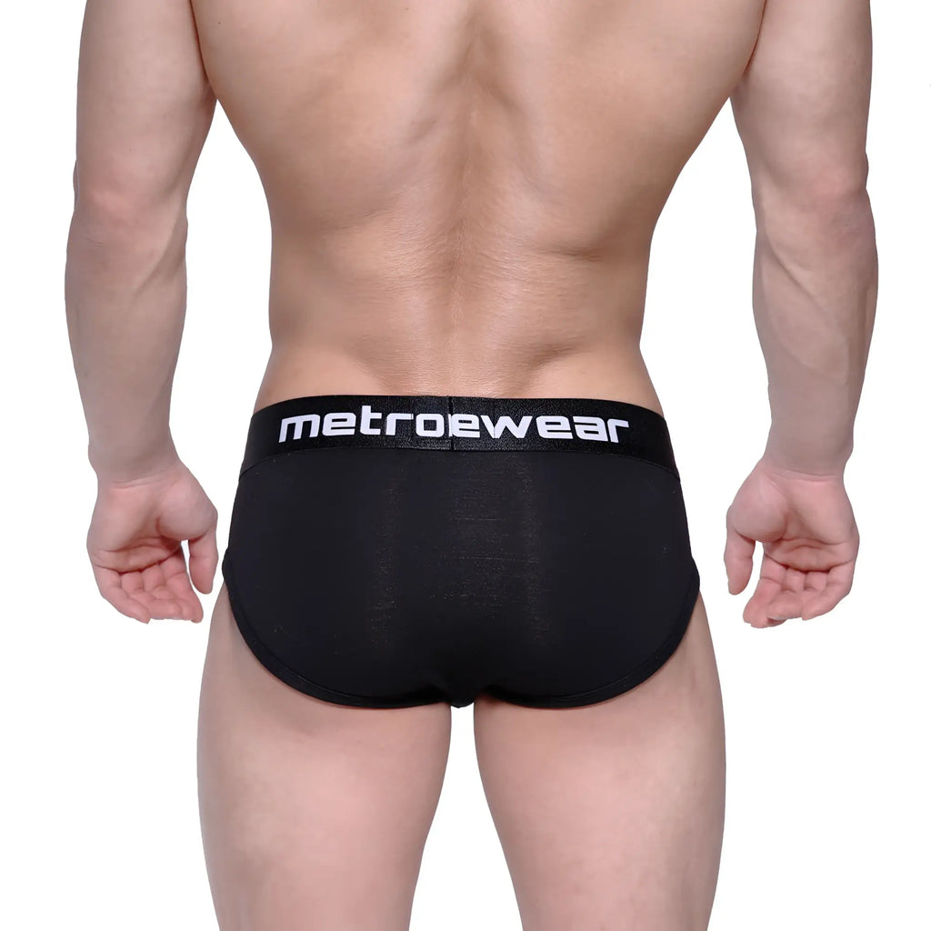Black metrowear briefs with white logo waistband metro malewear profile hip brief 1303-20 front view