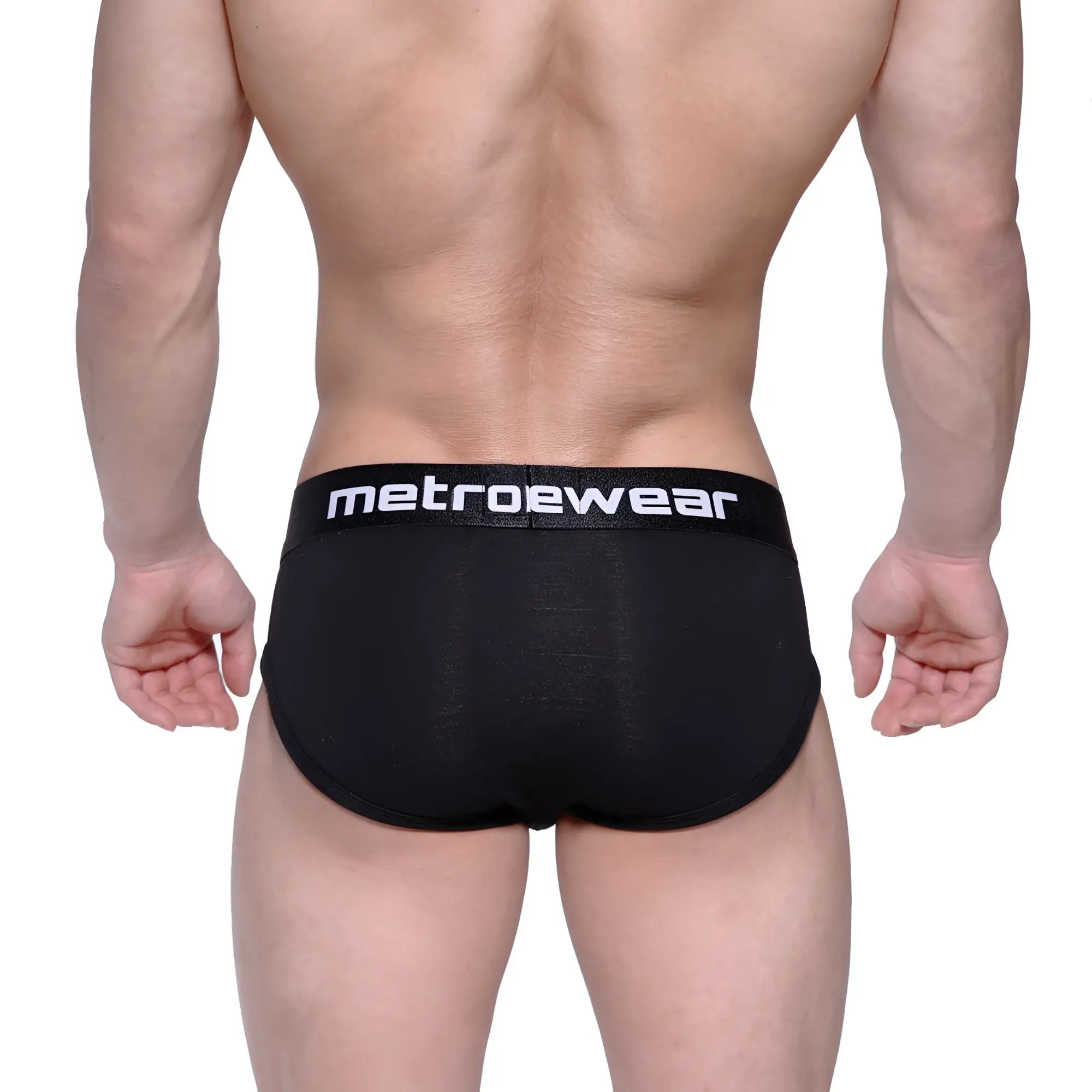 Black metrowear briefs with white logo waistband metro malewear profile hip brief 1303-20 front view