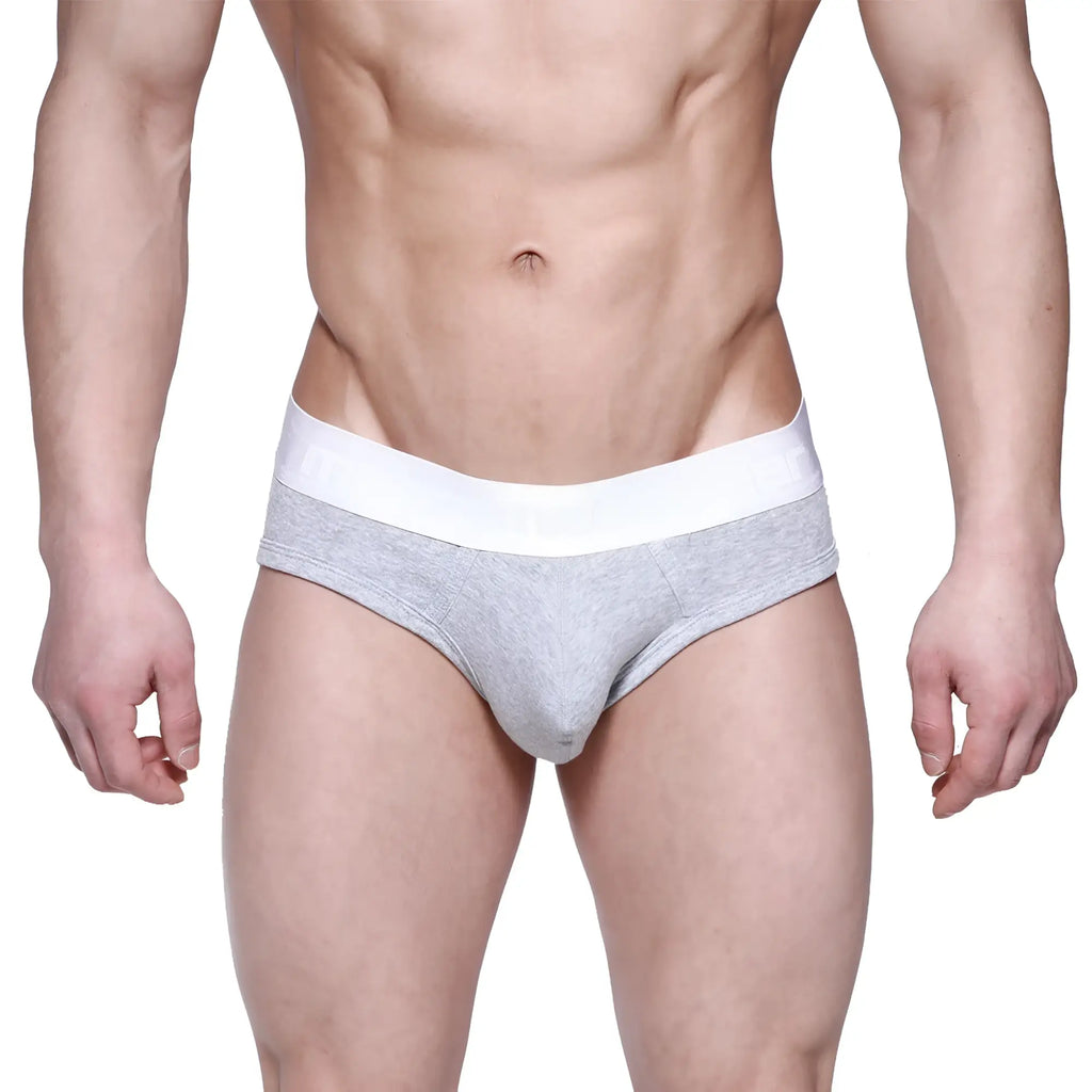 Gray heathered briefs with a solid white waistband metro male wear profile hip brief gray 1303-10