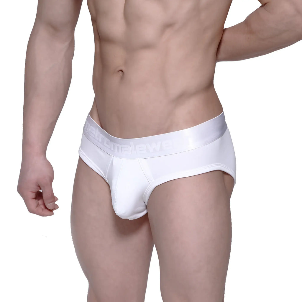 White mens briefs with a satin-like waistband embossed with kelly brand name metro malewear profile hip brief white