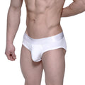 White mens briefs with a satin-like waistband embossed with kelly brand name metro malewear profile hip brief white