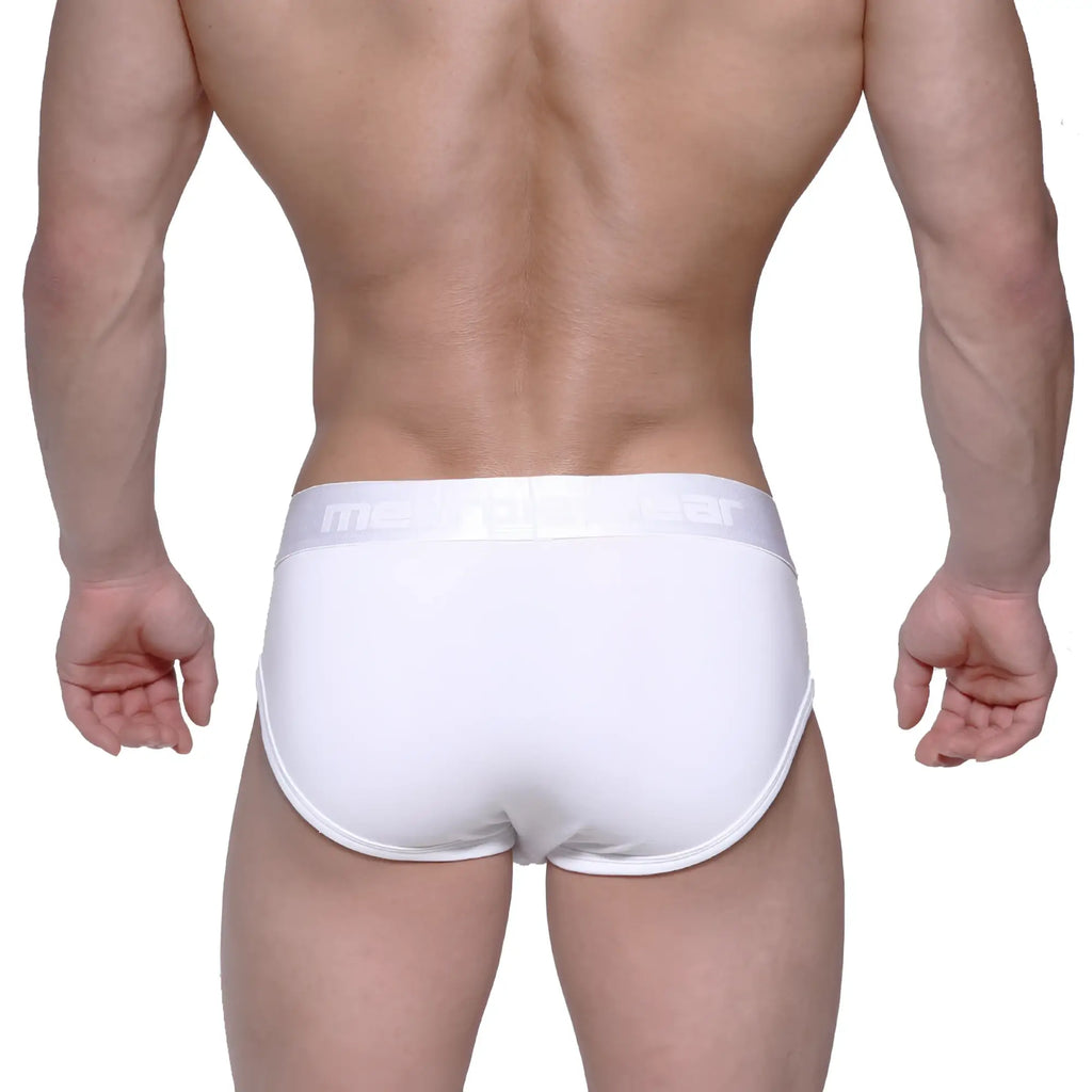 White MetroMaleWear Profile Hip Briefs with subtle elastic waistband featuring men’s branding in light gray lettering